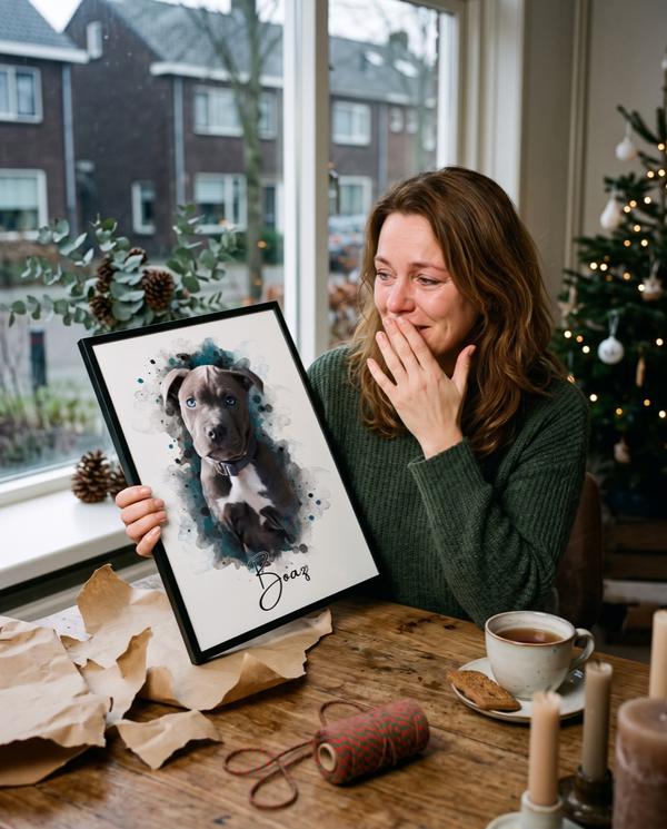 Een vrouw pakt in december aan de keukentafel een portret van haar hond in een lijst uit, ontroerd