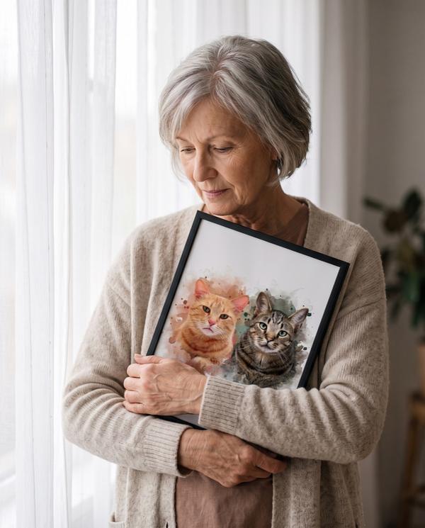 Een oudere vrouw houdt bij een raam een portret van haar twee katten in een lijst dicht tegen zich aan