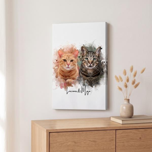 Canvas portret van twee katten aan de muur, licht schuin gezien
