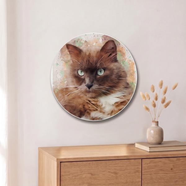 Ronde wandcirkel met een portret van een kat aan de muur