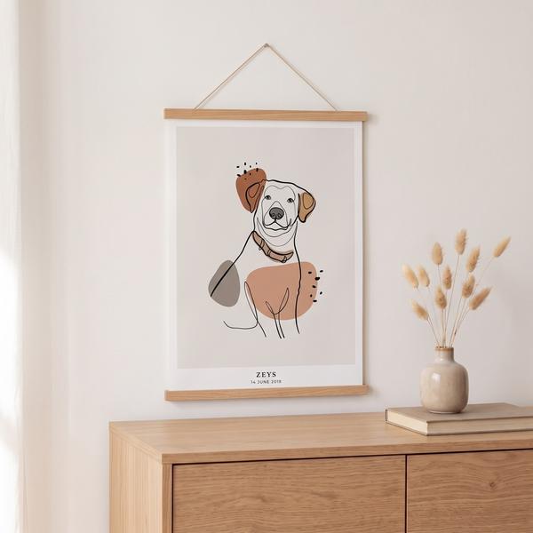 Line Art poster aan eikenhouten posterhangers boven een dressoir