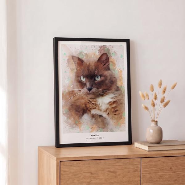 Aquarel portret in een zwarte lijst op een dressoir
