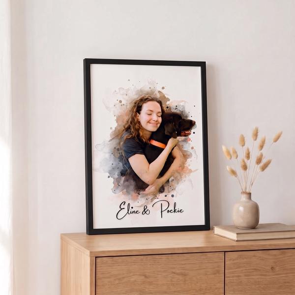 Duo Waterverf portret in een zwarte lijst op een dressoir