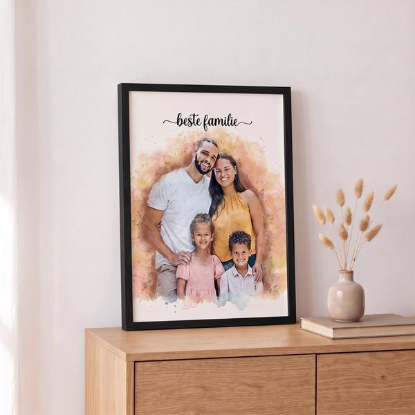 Familieportret in een zwarte lijst op een dressoir