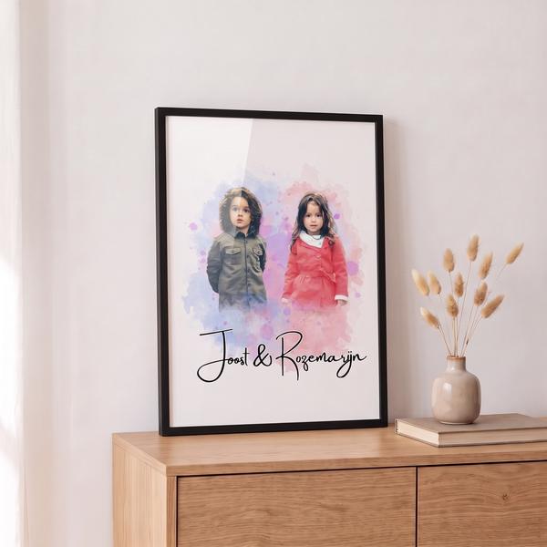 Familie & Kids portret in een zwarte lijst op een dressoir