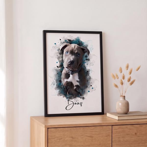 Waterverf portret in een zwarte lijst op een dressoir