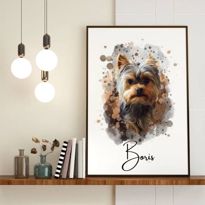 Waterverf portret van yorkshireterriër Boris aan de muur