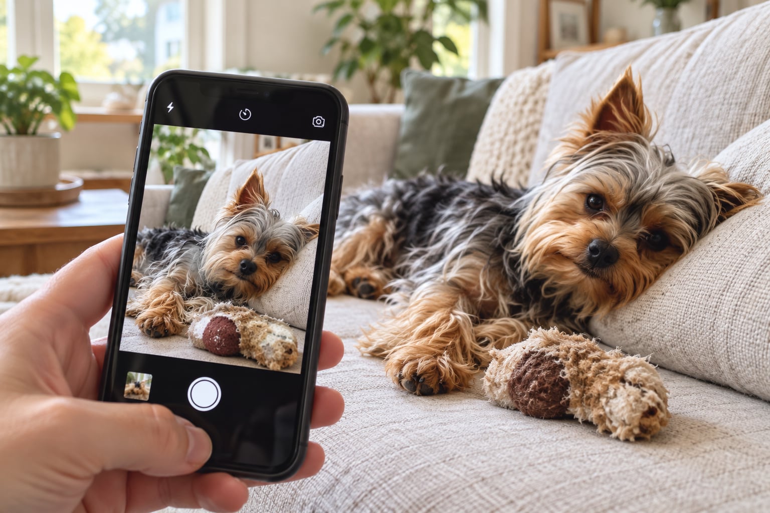 Someone taking a phone photo of a Yorkshire terrier