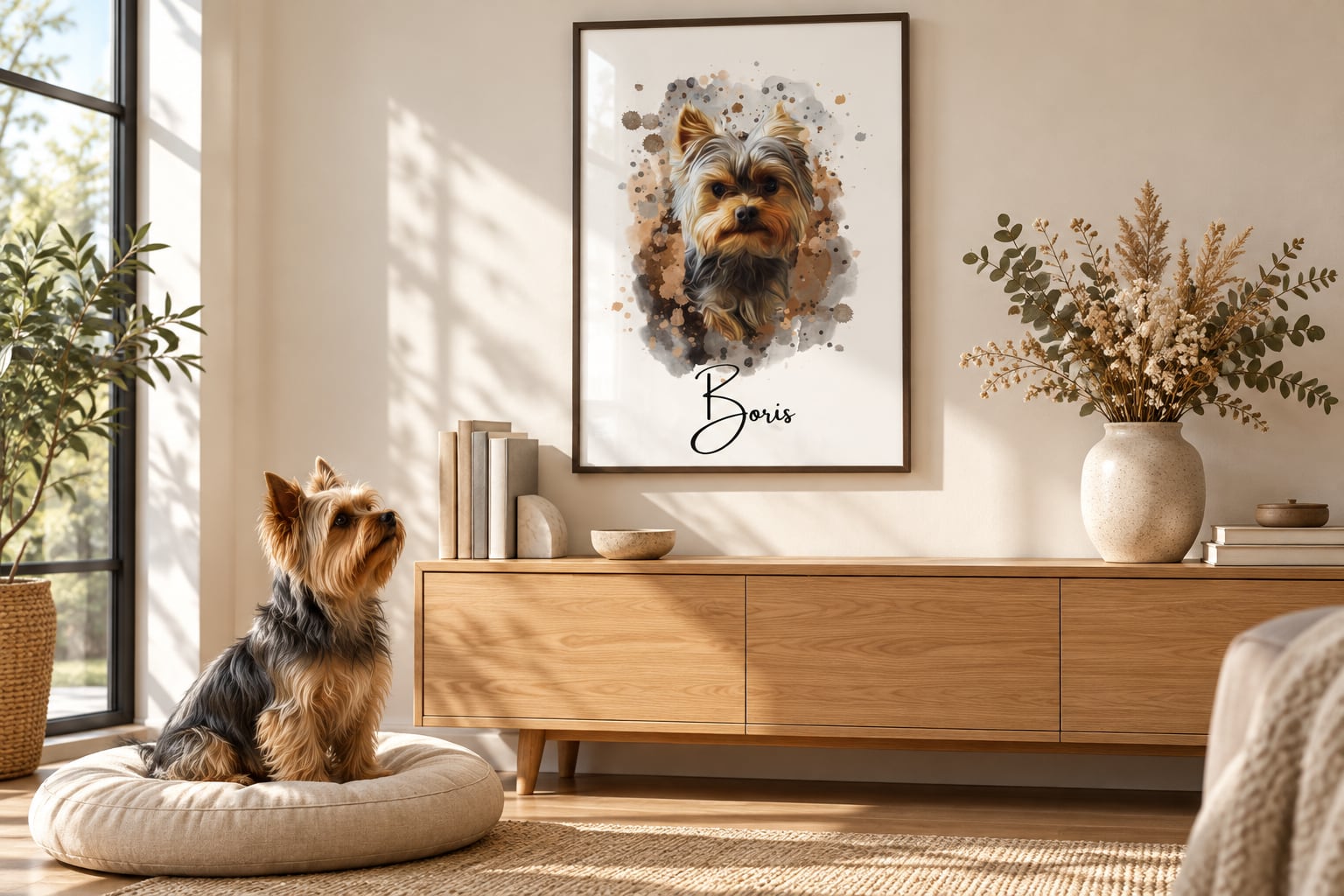 Watercolour portrait of Boris the Yorkshire terrier on the wall
